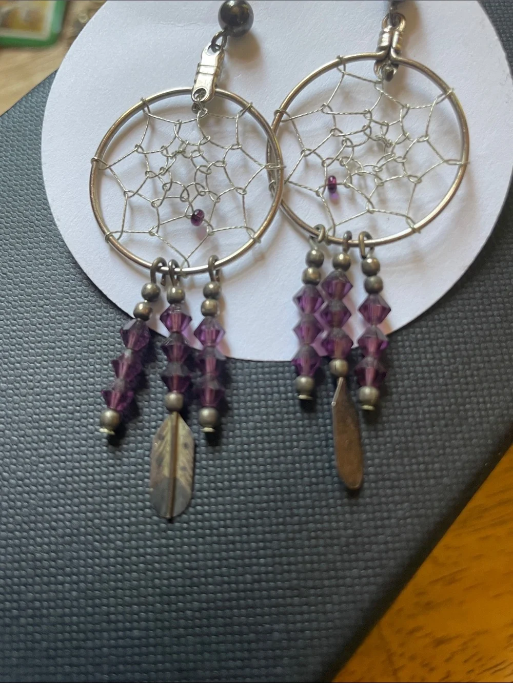 Silver Dreamcatcher Earrings with Purple Beads - Women Jewelry